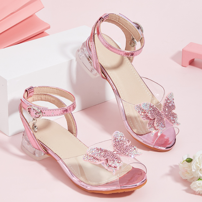 Moteriški sandalai su kaspinu, storo kulno, permatomi dirželiai, kristalai, žuvies burnos formos piršto dizainas