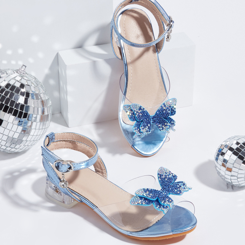 Moteriški sandalai su kaspinu, storo kulno, permatomi dirželiai, kristalai, žuvies burnos formos piršto dizainas