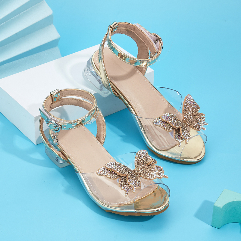 Moteriški sandalai su kaspinu, storo kulno, permatomi dirželiai, kristalai, žuvies burnos formos piršto dizainas