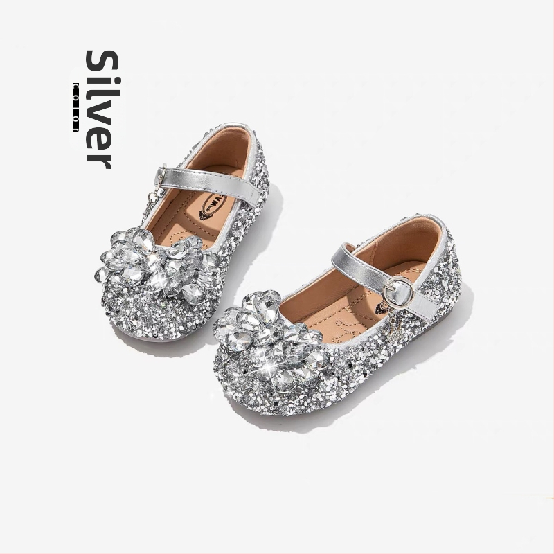 Mergaitei balerinos su kristalais ir Velcro užsegimu, PU viršus, PU pamušalas, EVA įdėklas, guma padai