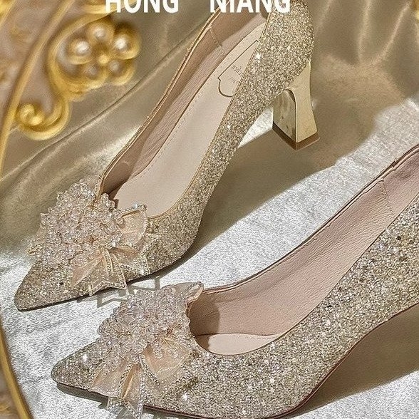 Vjenčane banket cipele s oštrim nosom, kristalna dekoracija, visoki pet 6–8 cm, gornji materijal: super vlakno