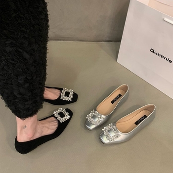 Ženske ravne cipele sa rhinestones, četvrtasti vrh od velura, gumeni potplat, PU ulošak