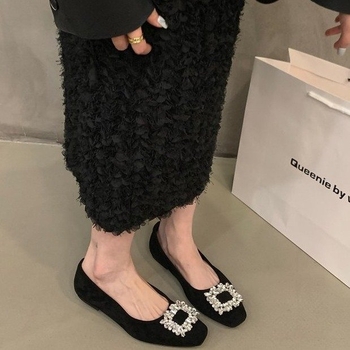 Ženske ravne cipele sa rhinestones, četvrtasti vrh od velura, gumeni potplat, PU ulošak