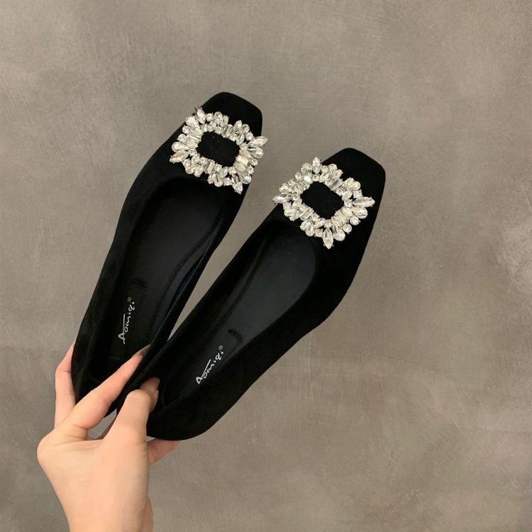 Ženske ravne cipele sa rhinestones, četvrtasti vrh od velura, gumeni potplat, PU ulošak