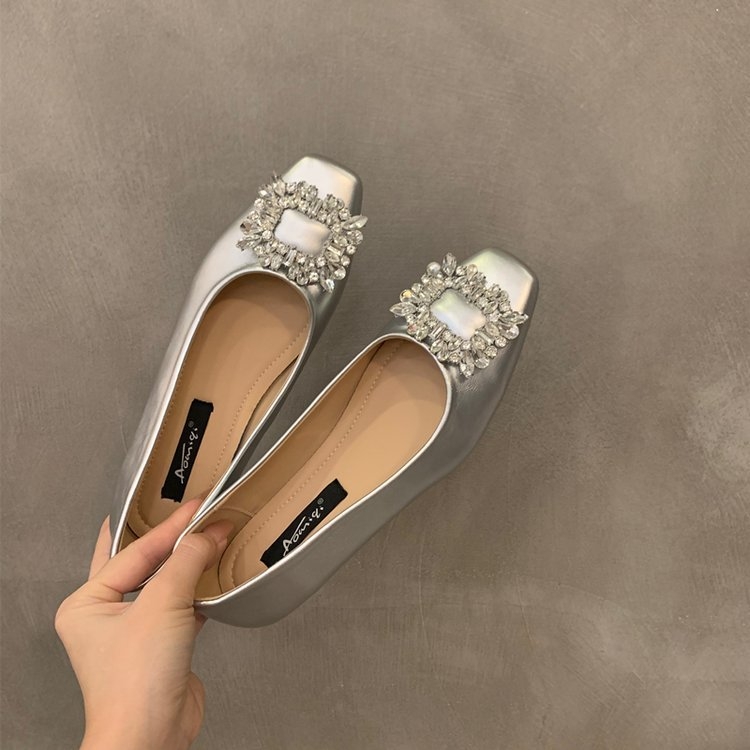 Ženske ravne cipele sa rhinestones, četvrtasti vrh od velura, gumeni potplat, PU ulošak