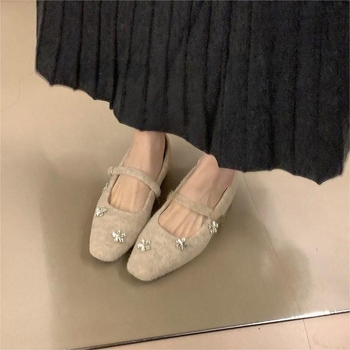 Pantofi Mary Jane pentru femei, cu înălțime internă ascunsă, din piele întoarsă, vârf pătrat, toc mic pătrat, închidere cu cataramă