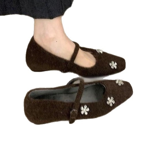 Pantofi Mary Jane pentru femei, cu înălțime internă ascunsă, din piele întoarsă, vârf pătrat, toc mic pătrat, închidere cu cataramă