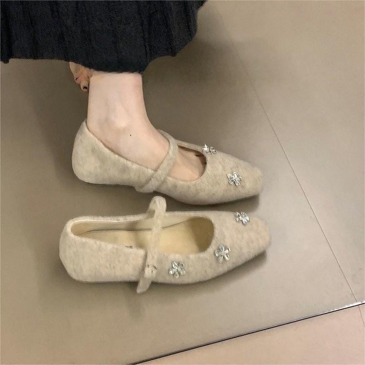 Pantofi Mary Jane pentru femei, cu înălțime internă ascunsă, din piele întoarsă, vârf pătrat, toc mic pătrat, închidere cu cataramă