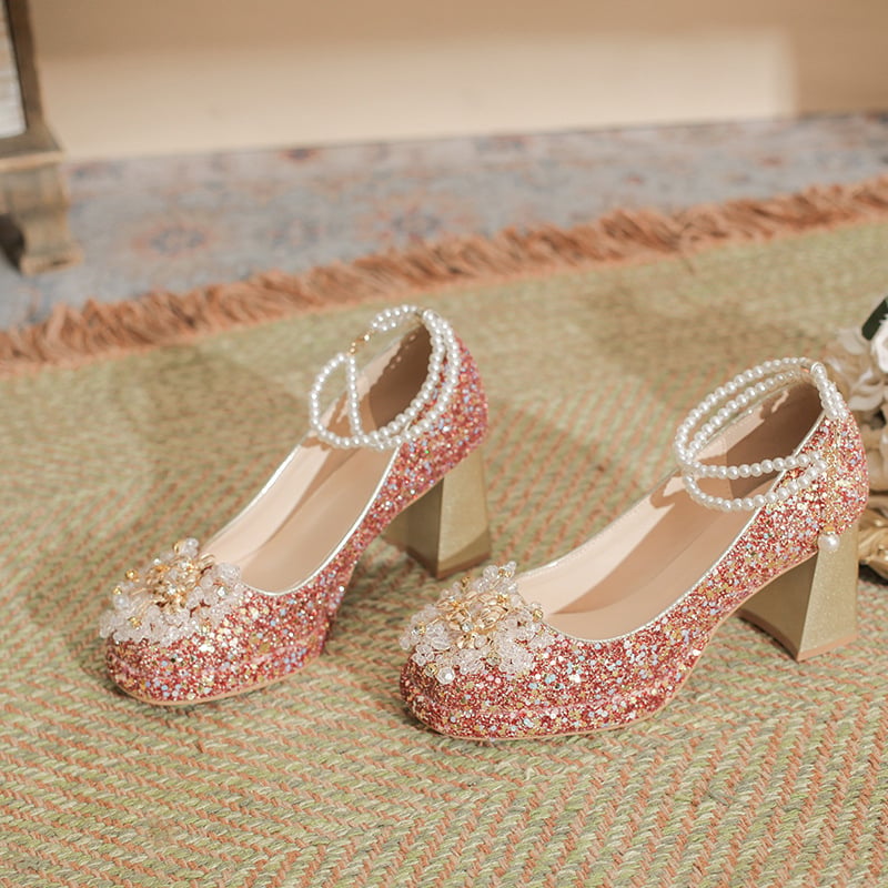 Vjenčane cipele s četvrtastim vrhom, 9 cm visok debeli potpetica, rhinestones, gumeni đon