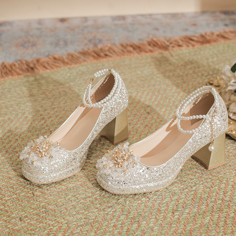 Vjenčane cipele s četvrtastim vrhom, 9 cm visok debeli potpetica, rhinestones, gumeni đon