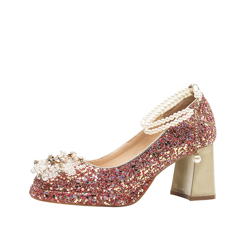 Vjenčane cipele s četvrtastim vrhom, 9 cm visok debeli potpetica, rhinestones, gumeni đon