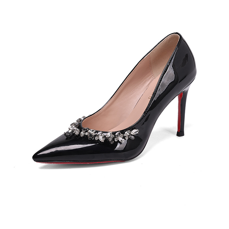 Cipele slip-on s visokim petom s rubom rhinestones, oštar nos, tanak štikla, mekana PU uloška