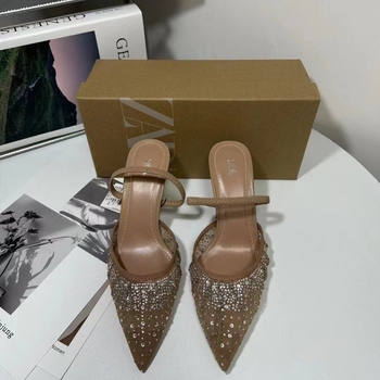 Ženske slingback štikle s oštrim vrhom, 6–8 cm visokim petom, gornji materijal: super fiber, sjajna mrežasta gornja površina s kristalima
