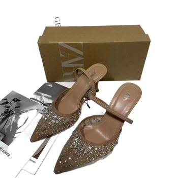 Ženske slingback štikle s oštrim vrhom, 6–8 cm visokim petom, gornji materijal: super fiber, sjajna mrežasta gornja površina s kristalima