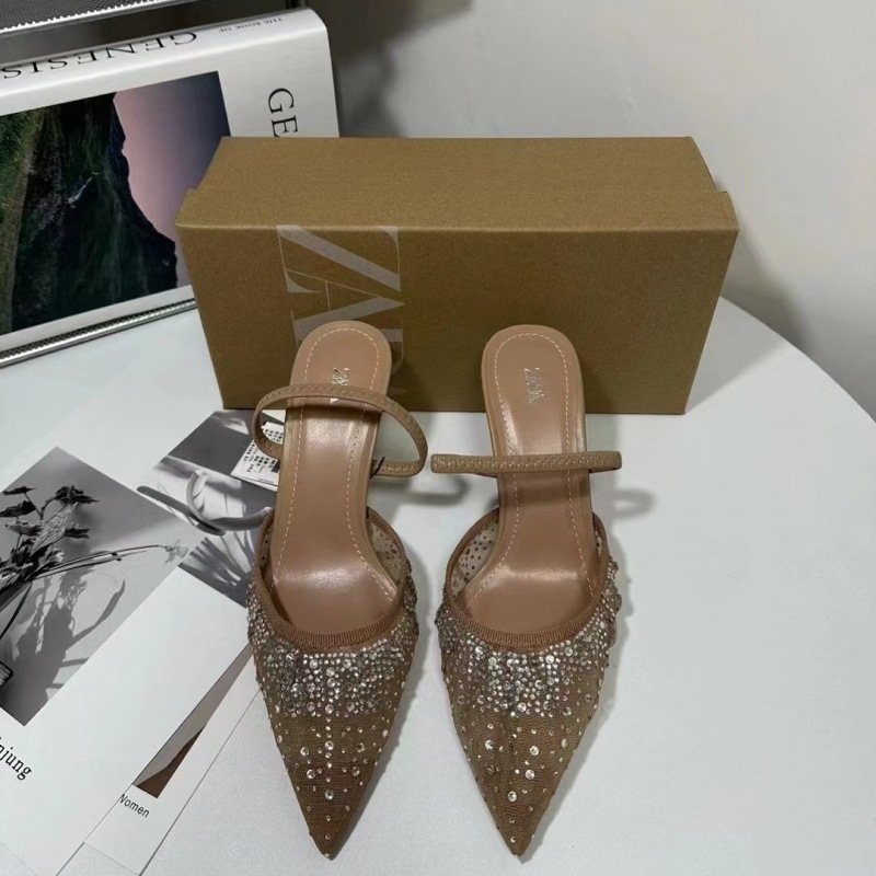 Ženske slingback štikle s oštrim vrhom, 6–8 cm visokim petom, gornji materijal: super fiber, sjajna mrežasta gornja površina s kristalima
