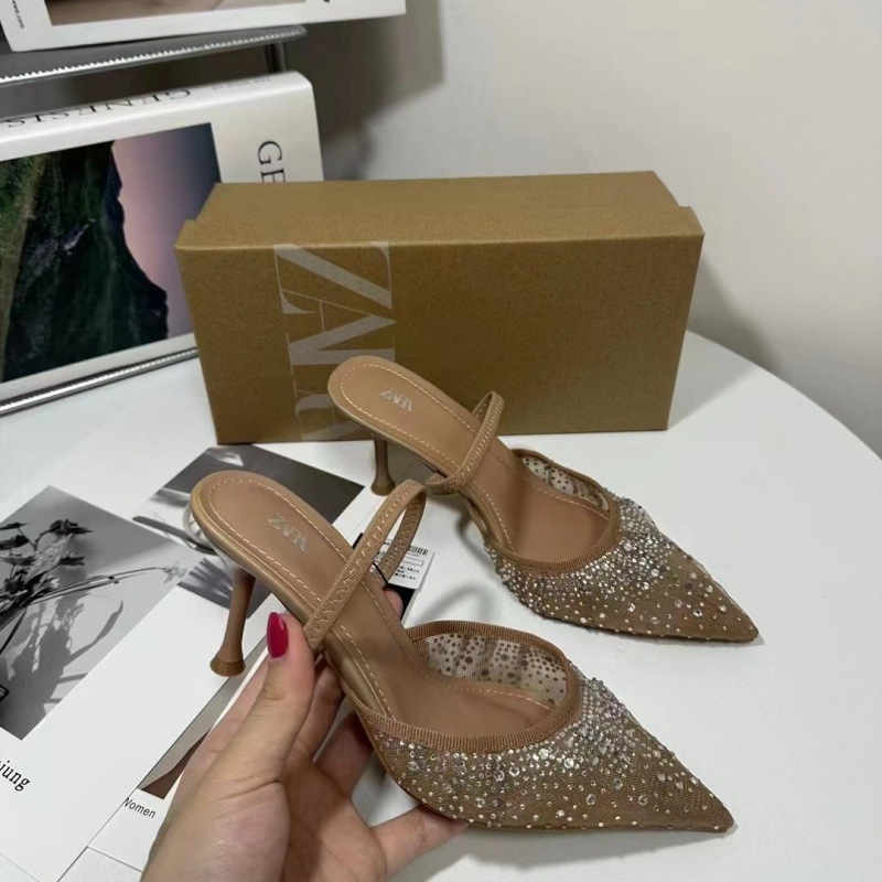 Ženske slingback štikle s oštrim vrhom, 6–8 cm visokim petom, gornji materijal: super fiber, sjajna mrežasta gornja površina s kristalima