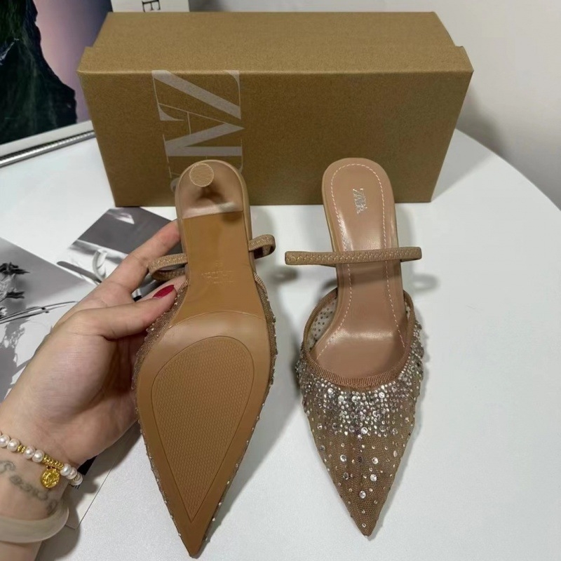 Ženske slingback štikle s oštrim vrhom, 6–8 cm visokim petom, gornji materijal: super fiber, sjajna mrežasta gornja površina s kristalima