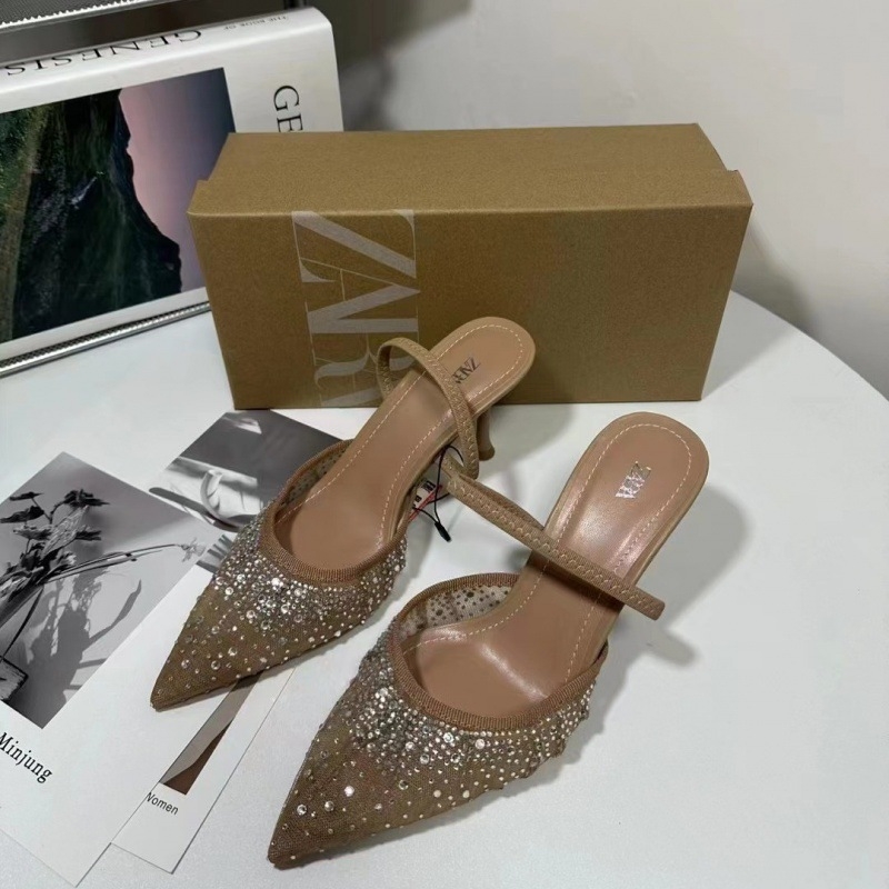 Ženske slingback štikle s oštrim vrhom, 6–8 cm visokim petom, gornji materijal: super fiber, sjajna mrežasta gornja površina s kristalima