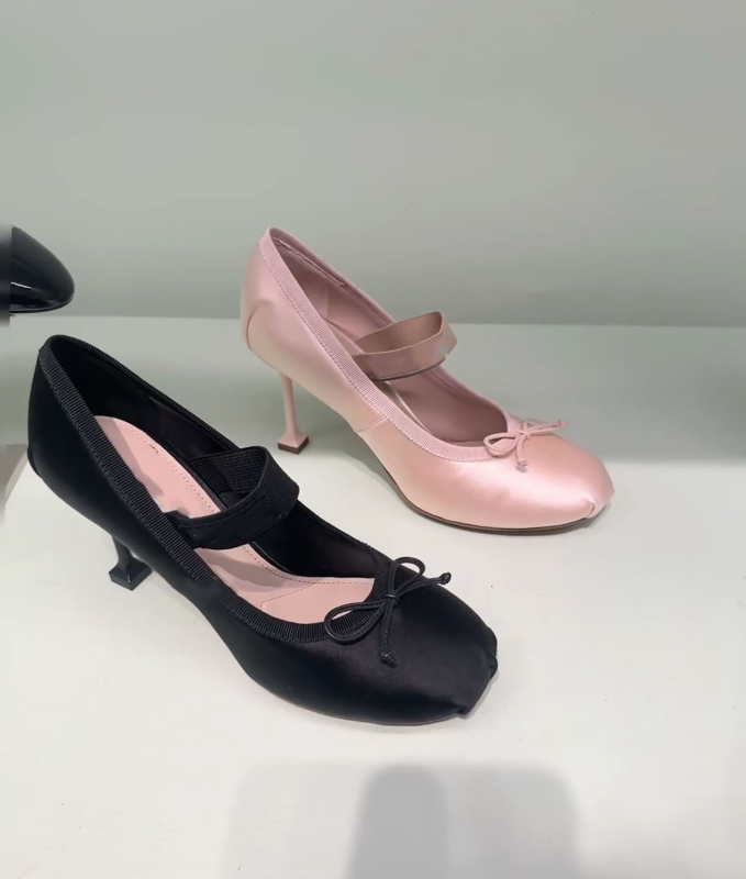 vellxin satenske Mary Jane cipele s mašnom, kvadratni nos, tanki peta 6–8 cm, stil princeze