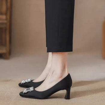 Ženske visoke pete s kvadratnim nosom, debeli potpetica 6–8 cm, slip-on, gornji materijal: super vlakno