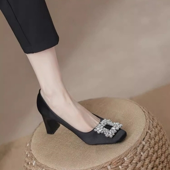 Ženske visoke pete s kvadratnim nosom, debeli potpetica 6–8 cm, slip-on, gornji materijal: super vlakno