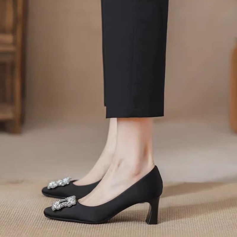 Ženske visoke pete s kvadratnim nosom, debeli potpetica 6–8 cm, slip-on, gornji materijal: super vlakno