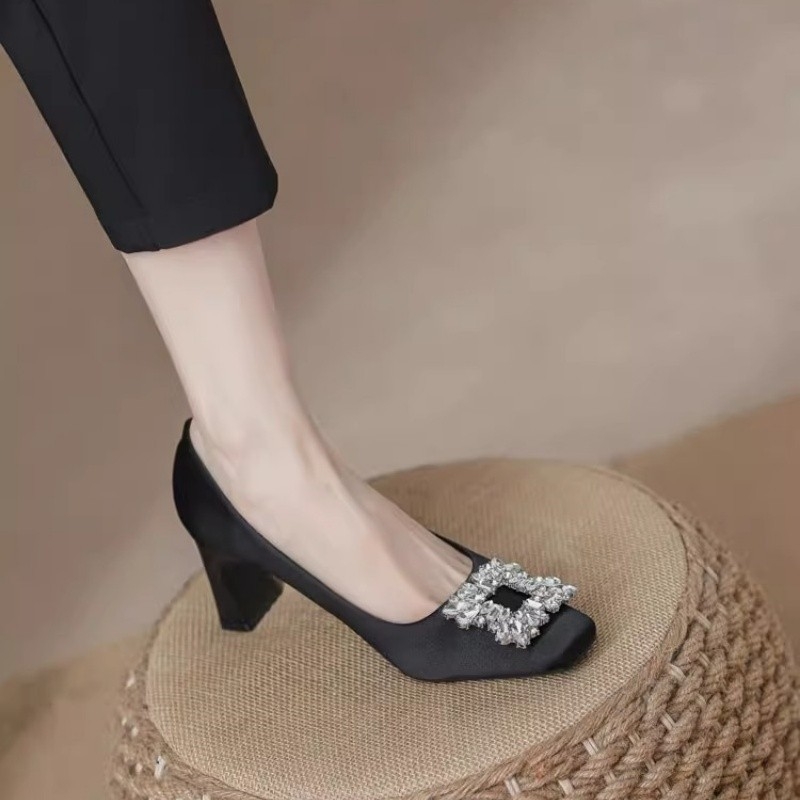 Ženske visoke pete s kvadratnim nosom, debeli potpetica 6–8 cm, slip-on, gornji materijal: super vlakno