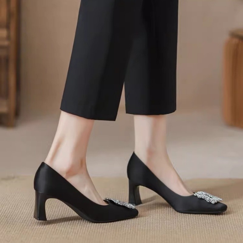 Ženske visoke pete s kvadratnim nosom, debeli potpetica 6–8 cm, slip-on, gornji materijal: super vlakno