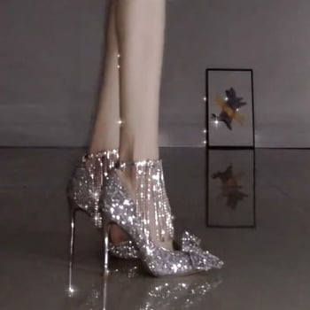 Pantofi dama cu toc înalt, vârf ascuțit, toc subțire, funda cu lanț și cristale, 6-8 cm