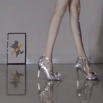 Pantofi dama cu toc înalt, vârf ascuțit, toc subțire, funda cu lanț și cristale, 6-8 cm