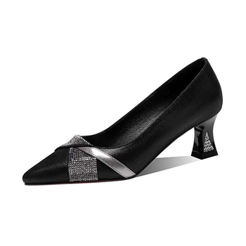 Ženske cipele s oštrim nosom, mekani gornji materijal od super vlakna, rhinestones, srednje debeli pet 3–6 cm, gumeni potplat