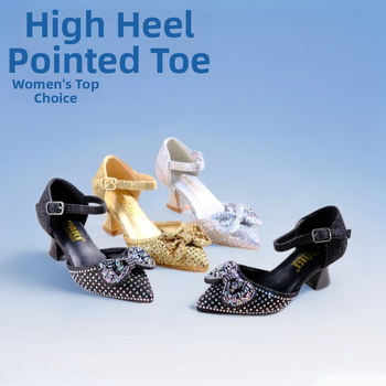 Mergaitėms aukštakulniai bateliai su elastine juostele, kaspinu ir kristalais — PU viršus, PU vidpadis, PVC padas, HAKI prekės ženklas, 2025 metų vasaros leidimas