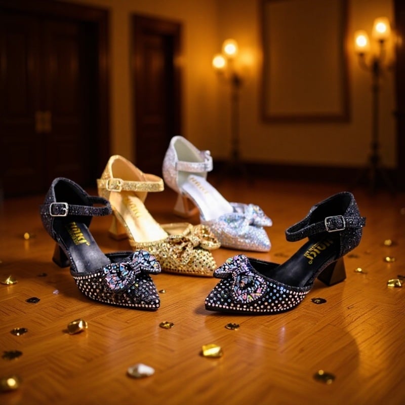 Mergaitėms aukštakulniai bateliai su elastine juostele, kaspinu ir kristalais — PU viršus, PU vidpadis, PVC padas, HAKI prekės ženklas, 2025 metų vasaros leidimas