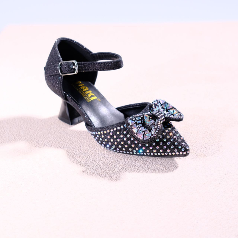 Mergaitėms aukštakulniai bateliai su elastine juostele, kaspinu ir kristalais — PU viršus, PU vidpadis, PVC padas, HAKI prekės ženklas, 2025 metų vasaros leidimas