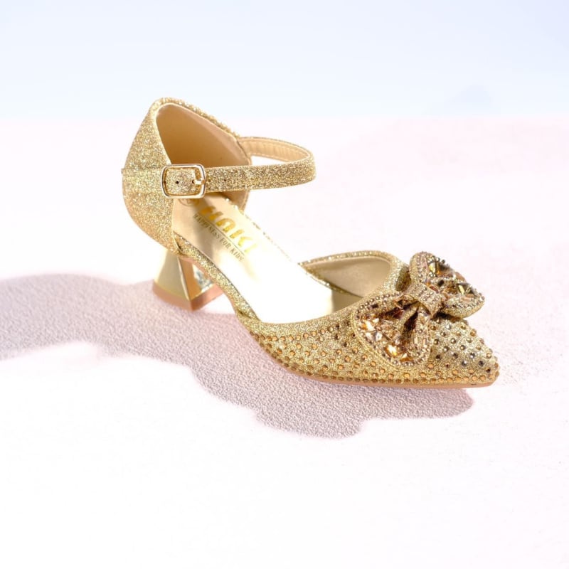 Mergaitėms aukštakulniai bateliai su elastine juostele, kaspinu ir kristalais — PU viršus, PU vidpadis, PVC padas, HAKI prekės ženklas, 2025 metų vasaros leidimas