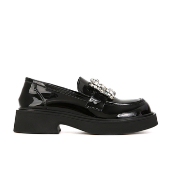 Loafers din piele de vacă, cataramă cu cristale pătrate, vârf rotund, toc mediu 3-5 cm, talpă din cauciuc