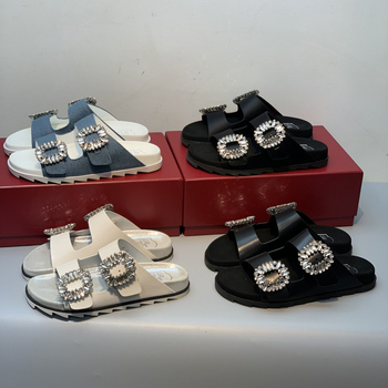 Sandale slip-on cu cristale și cataramă dublă, design cu cataramă pătrată, partea superioară din piele de vițel, talpă din cauciuc, vârf rotund, căptușală din lână de miel, vară