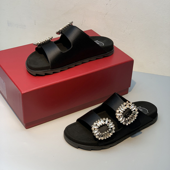 Sandale slip-on cu cristale și cataramă dublă, design cu cataramă pătrată, partea superioară din piele de vițel, talpă din cauciuc, vârf rotund, căptușală din lână de miel, vară