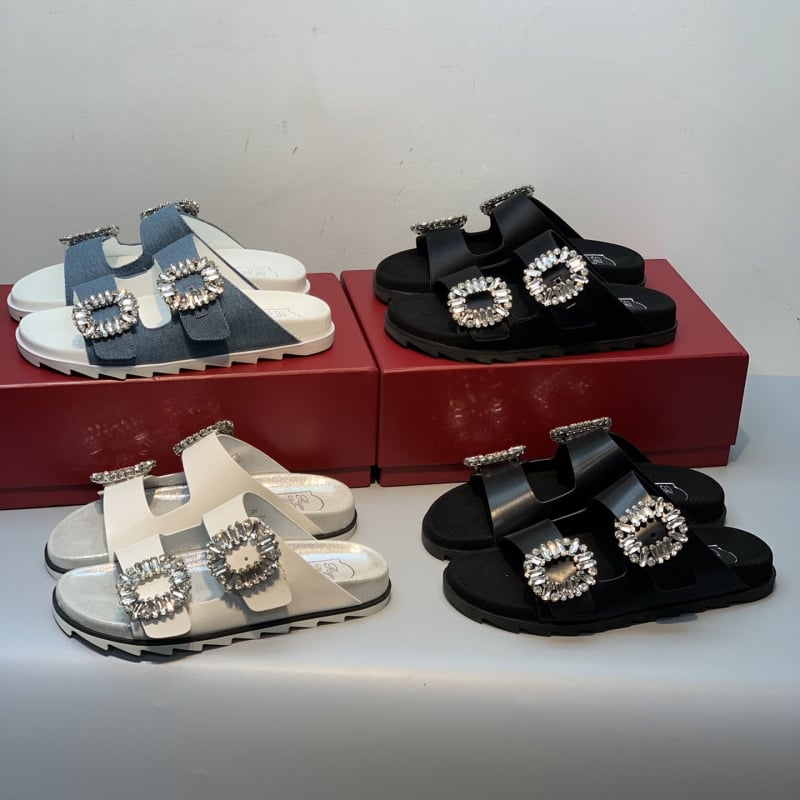 Sandale slip-on cu cristale și cataramă dublă, design cu cataramă pătrată, partea superioară din piele de vițel, talpă din cauciuc, vârf rotund, căptușală din lână de miel, vară