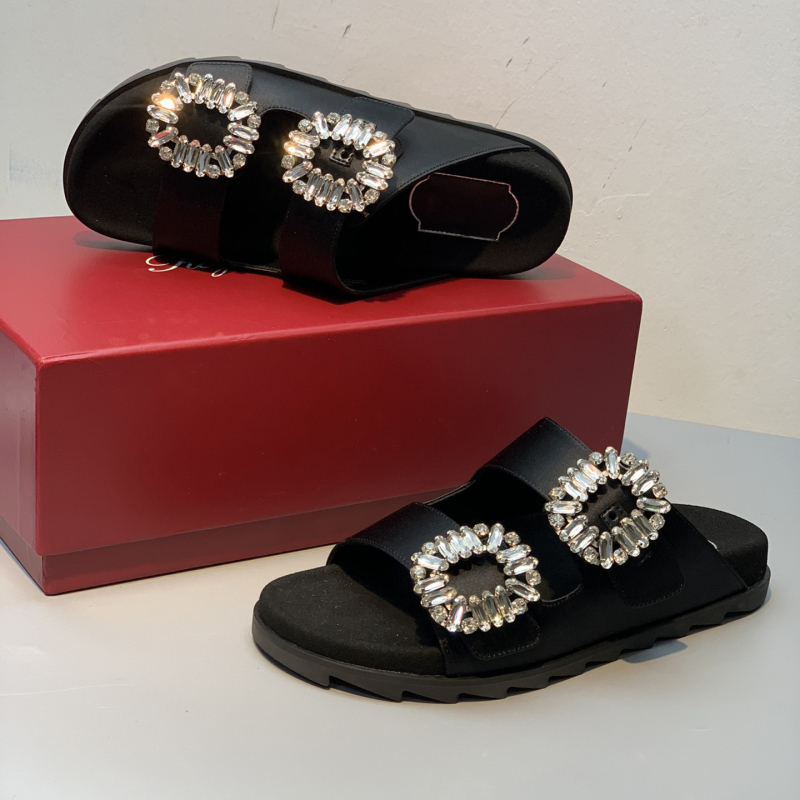 Sandale slip-on cu cristale și cataramă dublă, design cu cataramă pătrată, partea superioară din piele de vițel, talpă din cauciuc, vârf rotund, căptușală din lână de miel, vară