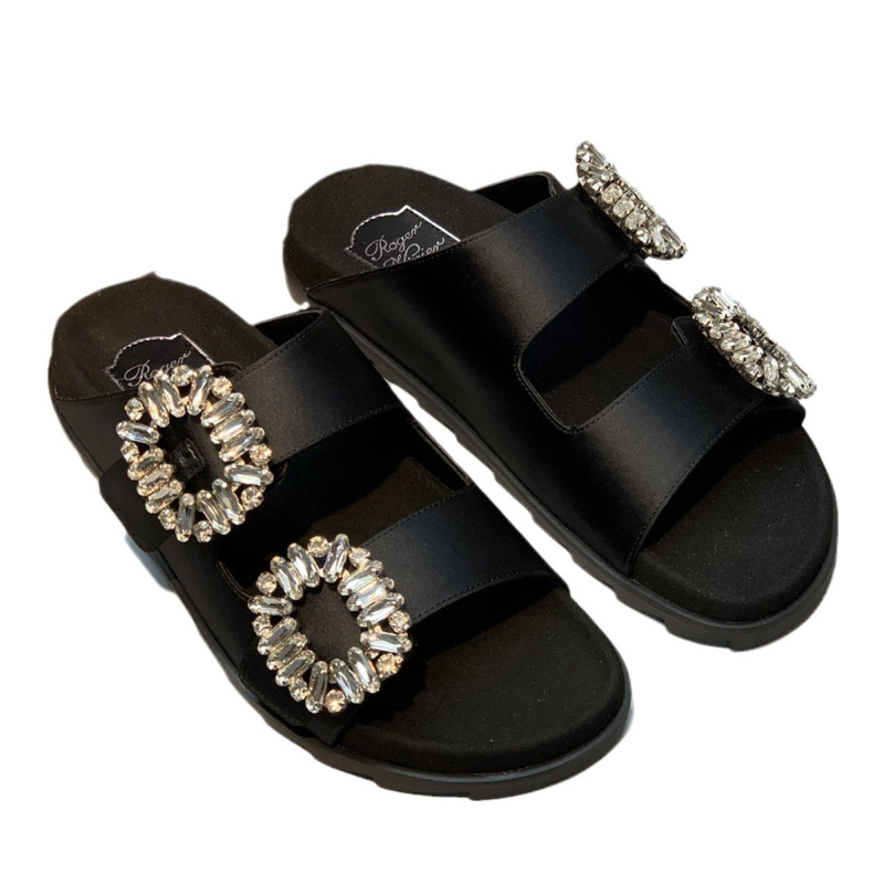 Sandale slip-on cu cristale și cataramă dublă, design cu cataramă pătrată, partea superioară din piele de vițel, talpă din cauciuc, vârf rotund, căptușală din lână de miel, vară