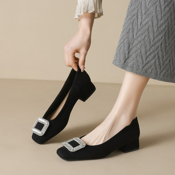 Pantofi damă cu toc înalt, vârf pătrat, din velur, toc gros 3–5 cm, slip-on
