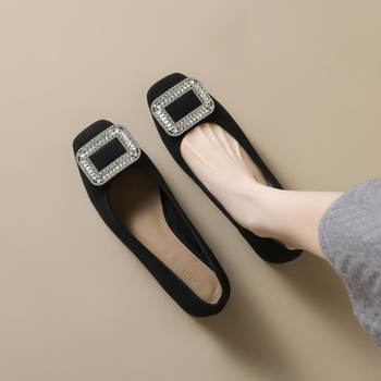 Pantofi damă cu toc înalt, vârf pătrat, din velur, toc gros 3–5 cm, slip-on