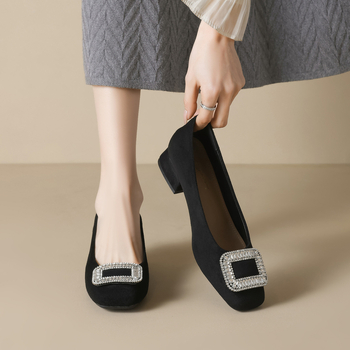 Pantofi damă cu toc înalt, vârf pătrat, din velur, toc gros 3–5 cm, slip-on