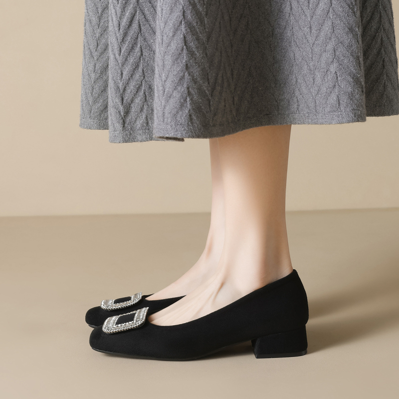 Pantofi damă cu toc înalt, vârf pătrat, din velur, toc gros 3–5 cm, slip-on