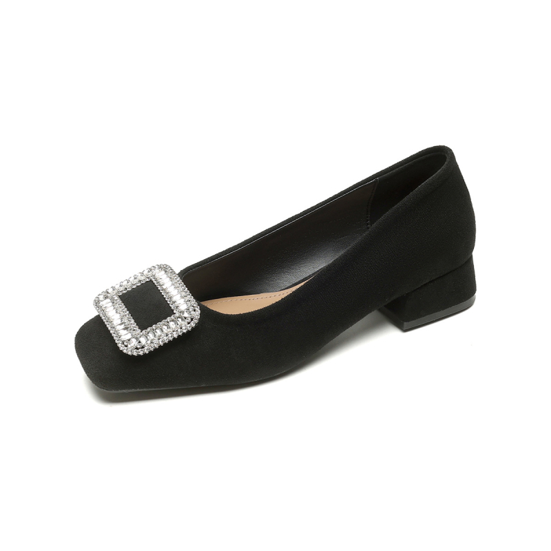 Pantofi damă cu toc înalt, vârf pătrat, din velur, toc gros 3–5 cm, slip-on
