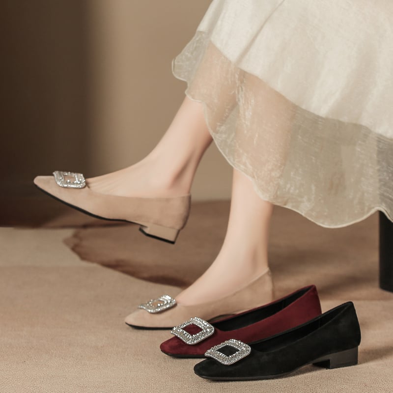 Ženske cipele od velura, slip-on, kvadratnog vrha, debeli niski potpetica, kvadratni kopča i kristalni ukrasi