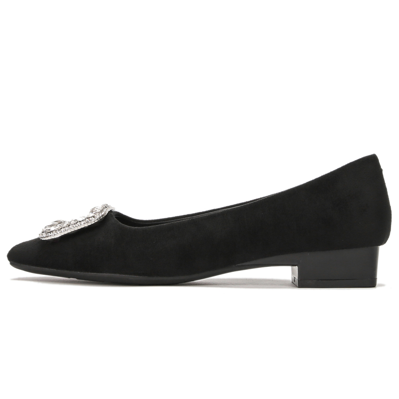 Ženske cipele od velura, slip-on, kvadratnog vrha, debeli niski potpetica, kvadratni kopča i kristalni ukrasi