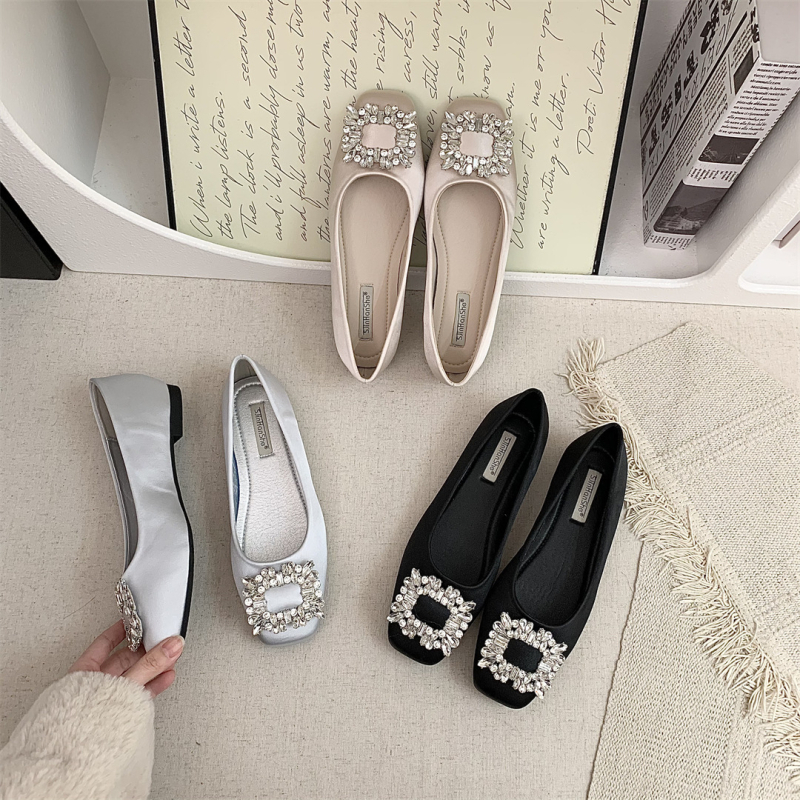 Pločaste cipele sa satenskim gornjim dijelom, četvrtasti vrh, niski pet 1–3 cm, slip-on, korejski stil, za žene