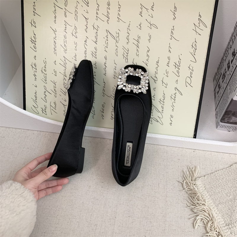 Pločaste cipele sa satenskim gornjim dijelom, četvrtasti vrh, niski pet 1–3 cm, slip-on, korejski stil, za žene